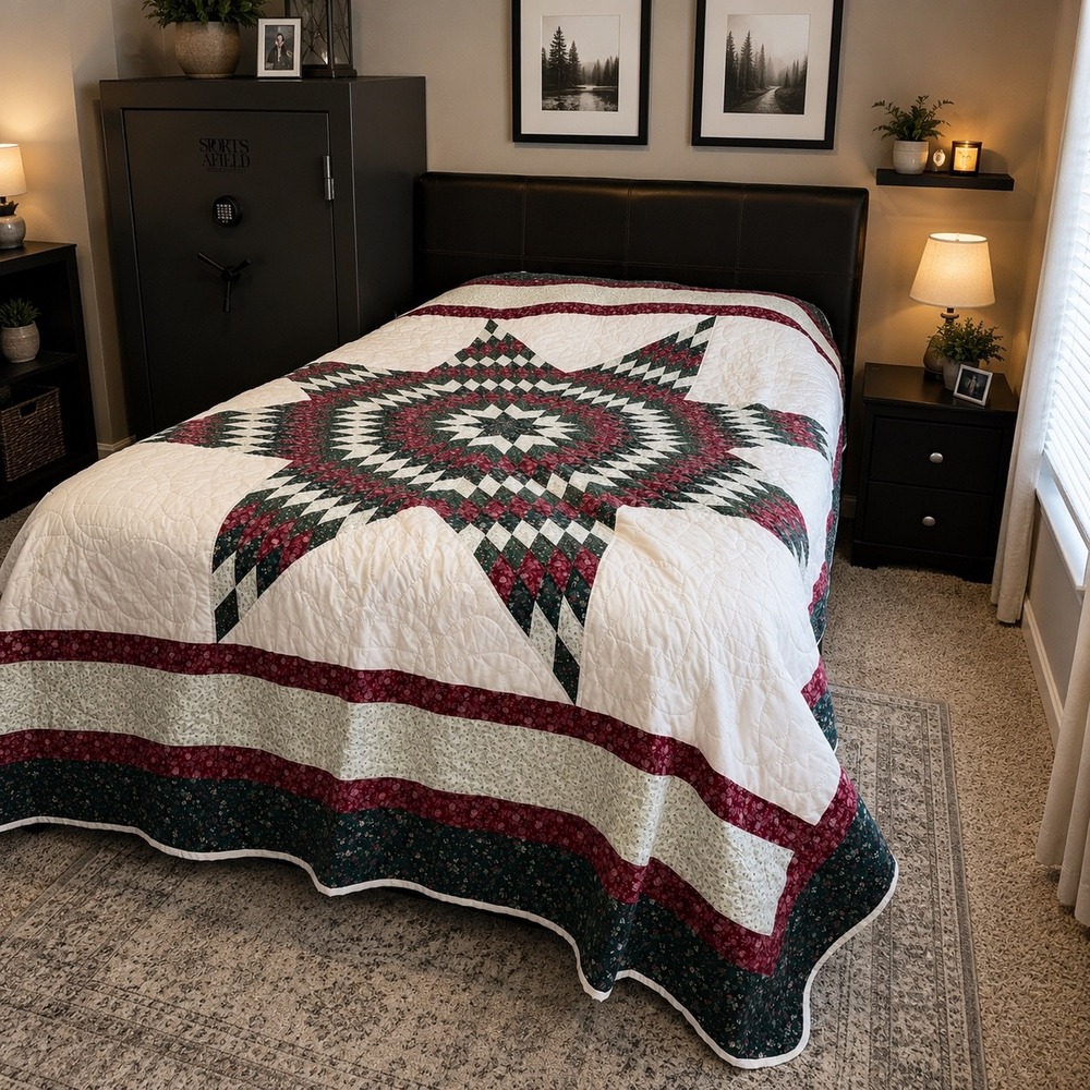 Handmade Lone Star Quilt Full Queen Burgundy Green Floral Patchwork Excellent